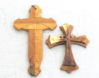 Carved Wooden Cross Pendants, Vintage Religious Wall Décor and Home Altar