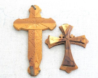 Vintage Carved Wooden Cross Pendants, Religious Wall Décor and Home Altar