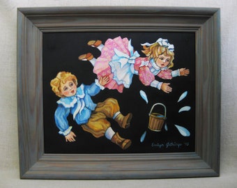Whimsical Child Portrait Painting, Original Framed Jack and Jill by Evelyn Gathings, Nursery Theme Wall Art Décor