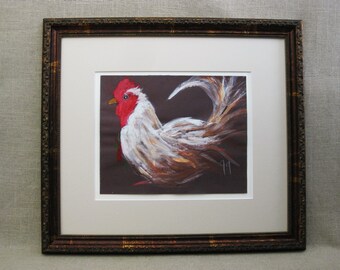 Original Vintage Rooster Painting Of Farm Animals Framed Original Fine Art Kitchen and Farm Décor