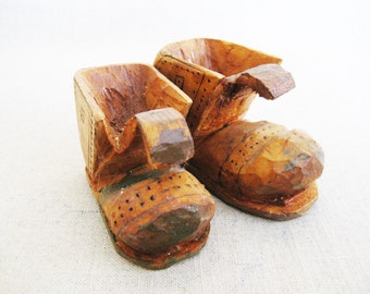 Vintage Wooden Boot, Folk Art Carving, Shoe Sculpture, Miniature Pair, Primitive Rustic Décor