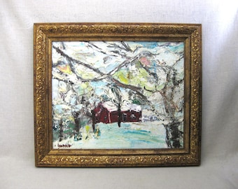 Winter Landscape Painting, Original Framed Mid-Century Vintage Large Wall Art, Rustic Cabin Décor