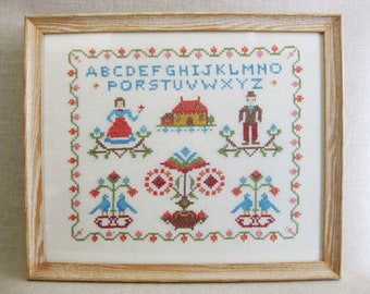Vintage Cross Stitch Sampler Hand Embroidered Cottage Décor