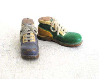 Miniature Shoe Sculpture Wood Carving, Colorful Nursery Man Cave Décor, Small Hostess Gift