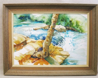 Vintage Woodland Landscape Watercolor Painting, Riverside Rustic Cabin Framed Original Fine Art