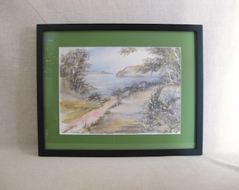 Vintage Landscape Watercolor Painting, Original Framed Country Path Cottage Decor