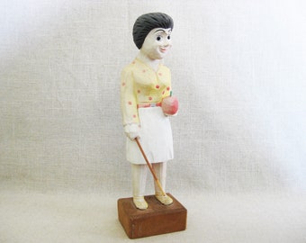 Folk Art Teacher Figurine Wood Sculpture, Vintage Female Portrait Carving with Apple Statue