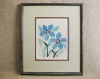 Modern Floral Still Life Watercolor Painting, Original Framed Vintage Wall Art Blue Cottage