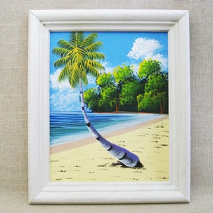 Colorful Beach Landscape Painting, Framed Original Tropical Wall Art, Vintage Swaying Palm Tree Beach House Décor