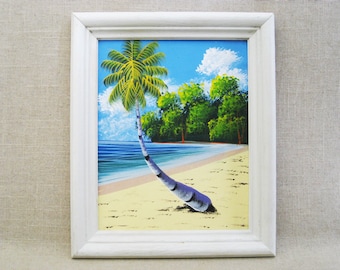 Colorful Beach Landscape Painting, Framed Original Tropical Wall Art, Vintage Swaying Palm Tree Beach House Décor