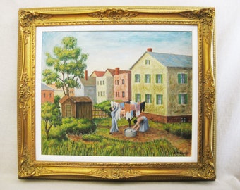 RESERVED - Vintage Landscape Painting Female Portrait, Architecture, Framed Original Fine Art