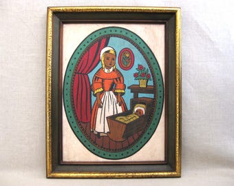 Vintage Folk Art Girl Portrait Painting, Framed Rustic Nursery Decor