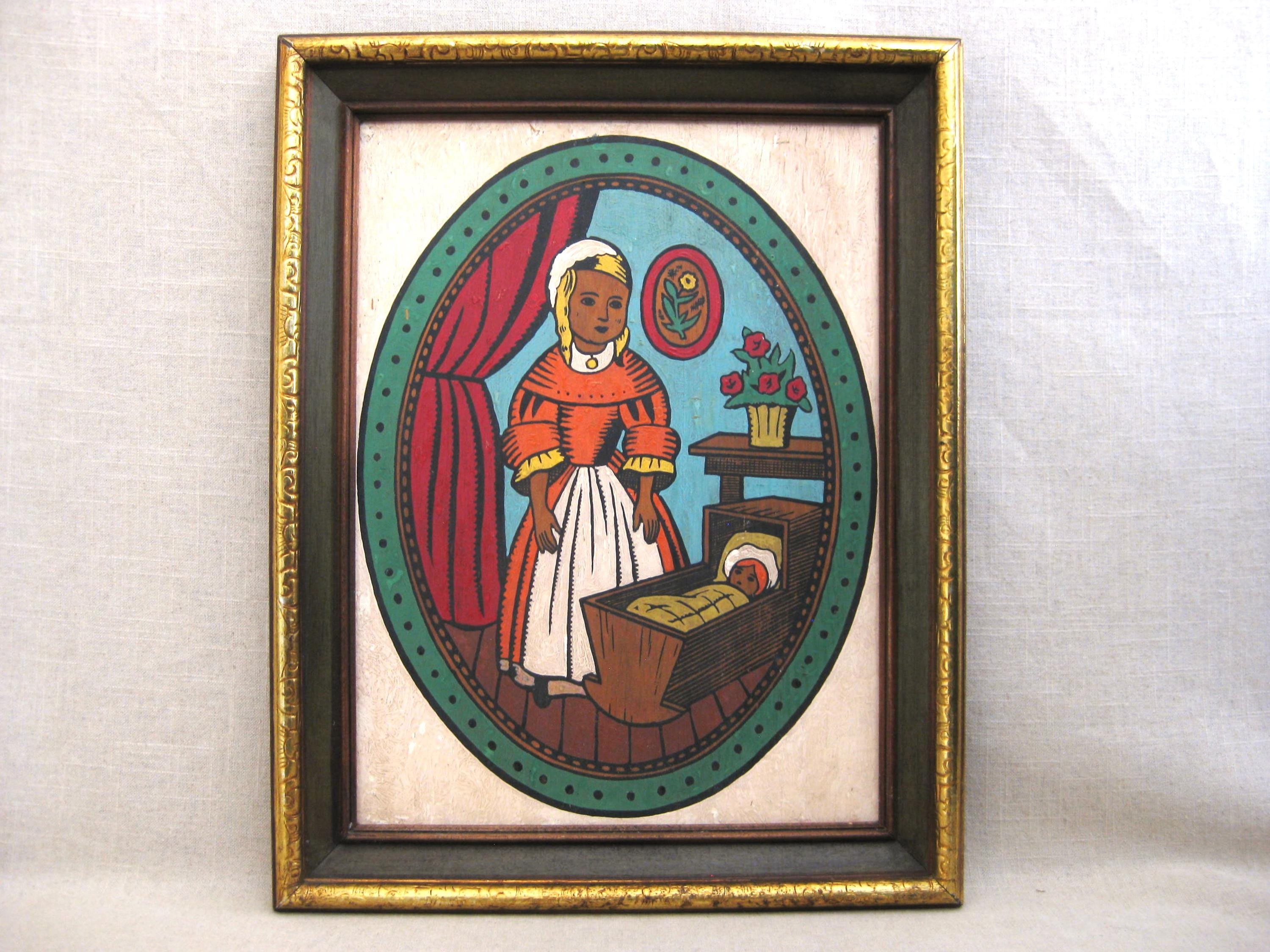Vintage Folk Art Girl Portrait Painting, Framed Rustic Nursery Decor - Etsy
