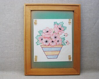 Folk Art Flower Drawing Still Life, Original Naïve Framed Vintage Wall Art Rustic Cottage Primitive Home Décor