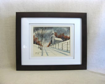 Winter Landscape Watercolor Painting, Original Vintage Religious Church, Framed Wall Art, Signed George Sperl