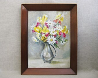 Vintage Floral Still Life Flower Painting Framed Original Fine Art White and Yellow Gift for Her