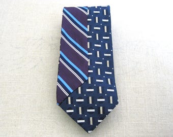 Navy Blue Hand Embroidered Vintage Silk Necktie, Men's Stripes Hand Embroidered Preppy Purple Upcycled Neckwear