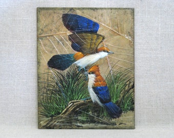 Original Bird Painting, Vintage Avian Wall Art Home Décor Tropical Wildlife Nature Inspired
