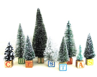 Vintage Bottle Brush Christmas Trees on Antique Wooden Alphabet Blocks X M A S Mantle Holiday Décor