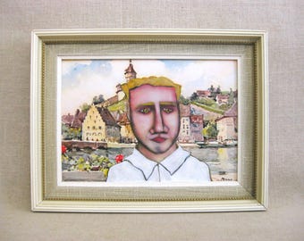 Quirky Male Portrait Painting, Framed European Landscape Wall Art, Home Décor Housewarming Gift