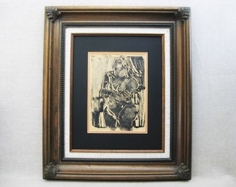 Framed Vintage Female Portrait Fine Art Monotype Print, Framed Original Fine Art