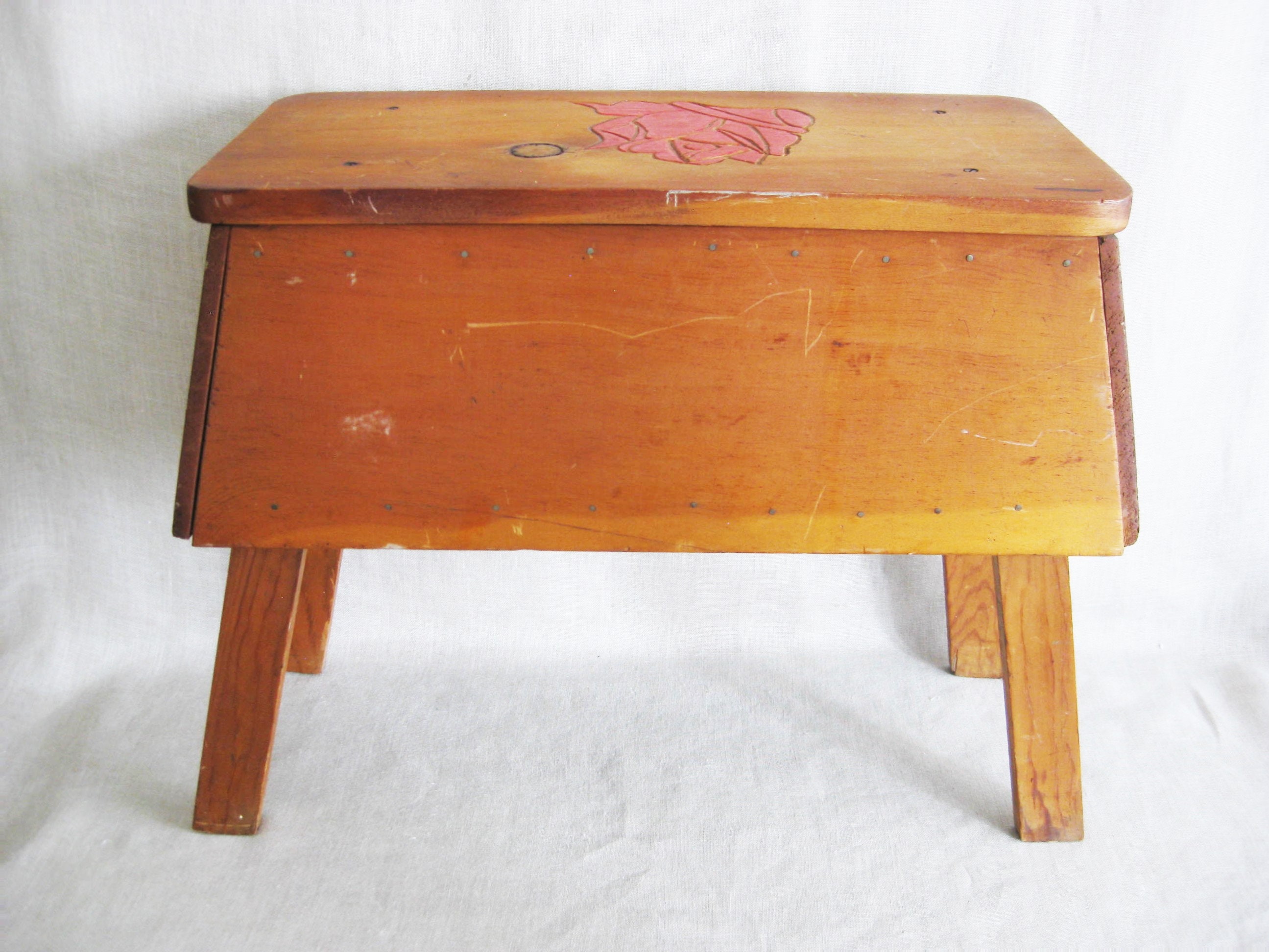 Vintage Handmade Primitive Folk Art Bench, Side Table, Hidden