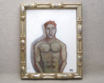Framed Original Male Portrait Nude Painting 8 x 10 on Wooden Panel Small Wall Art Home Décor