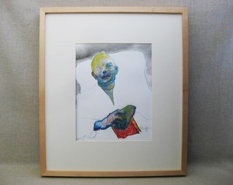 Colorful Contemporary Surreal Male Portrait Drawing, Framed Original Modern Masculine Home Décor Gift