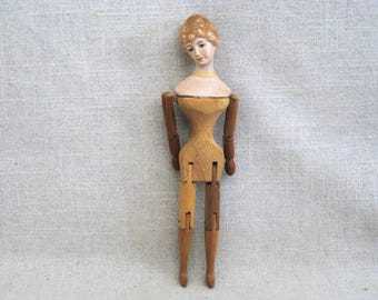 Vintage Wooden Doll, Jointed with Bisque Head, Shackman Toys