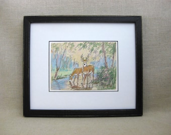Vintage Wildlife Deer Drawing, Original Framed Ink and Oil Pastel, Nature Wall Art, Rustic Cabin Decor