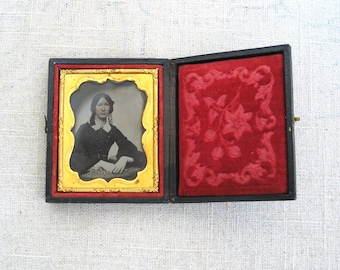 Vintage Ambrotype in Case, Glass Male and Female Portrait Photos, Early Photography Metal Frame Casing