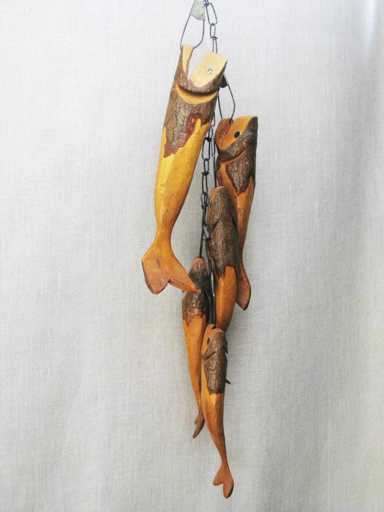 Vintage Folk Art Strung Hand Carved Wooden Fish, Handmade Wood Carvings