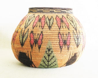 Fine Weave Round Vintage Gourd Ball Shaped Basket with Butterfly and Flower Design, Rustic Cabin Décor