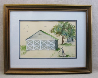 Vintage Landscape Watercolor Painting of Barn Framed Original Fine Art Rustic Cabin and Farm Décor