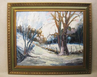 Vintage Landscape Painting Snowy Winter Framed Mid-Century Original Fine Art Rustic Cabin Décor