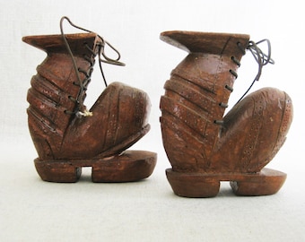 Vintage Wooden Shoe Folk Art Carving Boot Sculpture Miniature Pair for Primitive Rustic Décor