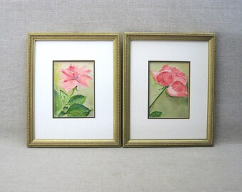 Pink Roses Watercolor Painting, Original Floral Still Life, Vintage Framed Wall Art