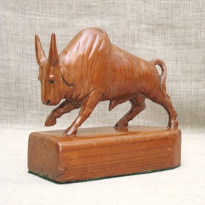 Antique Bull Carving, Folk Art Animal Sculpture, Signed Vintage Wood Bovine Statue, Rustic Cabin Home Décor