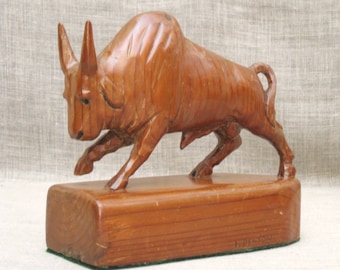 Antique Bull Carving, Folk Art Animal Sculpture, Signed Vintage Wood Bovine Statue, Rustic Cabin Home Décor