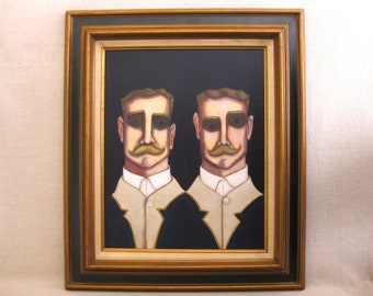 Surreal Male Portrait Painting of Siamese Twin Men Framed Original Fine Art Wall Décor Masculine Wall Art Gift