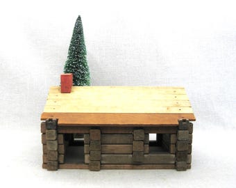 Vintage Miniature House Log Cabin Sculpture, Christmas Village, American Log Toys