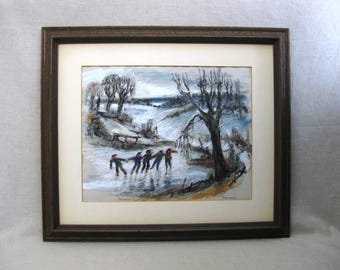 Vintage Winter Landscape Drawing, Kids Ice Skating, Rustic Cabin Decor