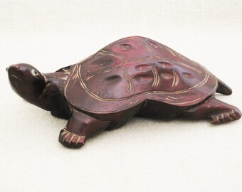 Vintage Turtle Wood Carving Sculpture with Glass Eyes Rustic Cabin and Wildlife Décor