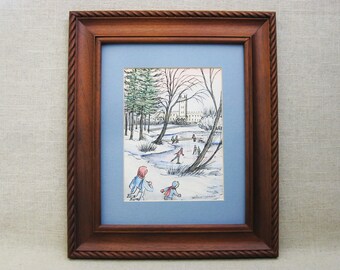 Vintage Winter Landscape Watercolor and Ink Painting Ice Skating Framed Original Fine Art