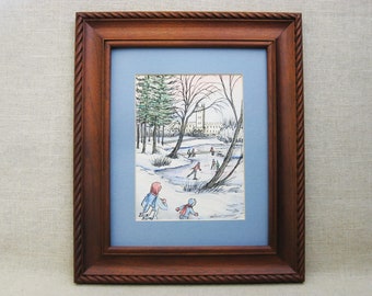 Snowy Winter Landscape Painting, Original Watercolor, Ice Skating, Framed Vintage Wall Art Hostess Gift