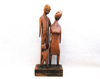 Mid-Century Folk Art Figure Carving Sculpture, Family Mother Father and Child Housewarming Gift