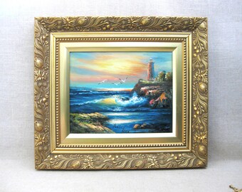 Colorful Beach Landscape Painting Original, Framed Vintage Wall Art Coastal Casual Home Décor