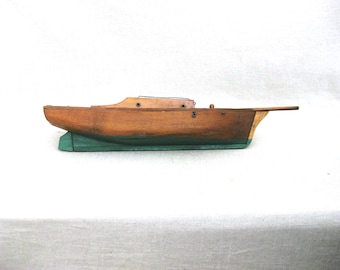 Vintage Folk Art Pond Yacht Antique Wooden Toy Boat, Nautical Beach House Home Décor Lake House Hostess Gift