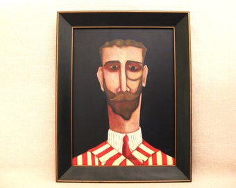 Masculine Male Portrait Painting Original Framed Men with Beards OOAK Wall Art Home Décor Gift