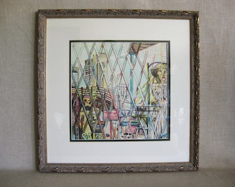 Surreal Drawing Pen and Ink Original, Vintage Framed Wall Art Contemporary Home Décor
